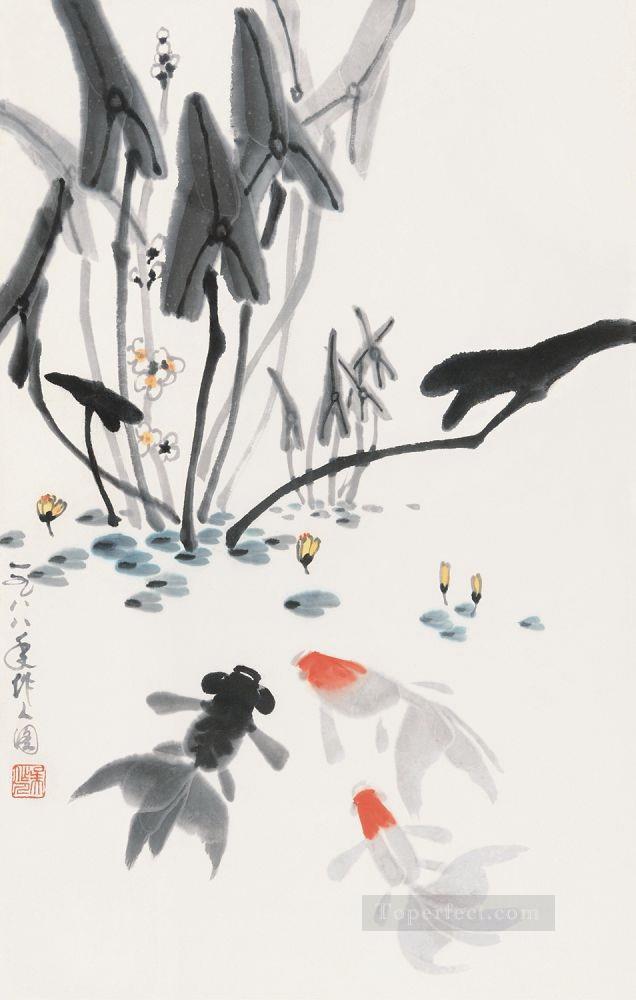Wu Zuoren jouant du poisson 1988 poissons Peintures à l'huile
